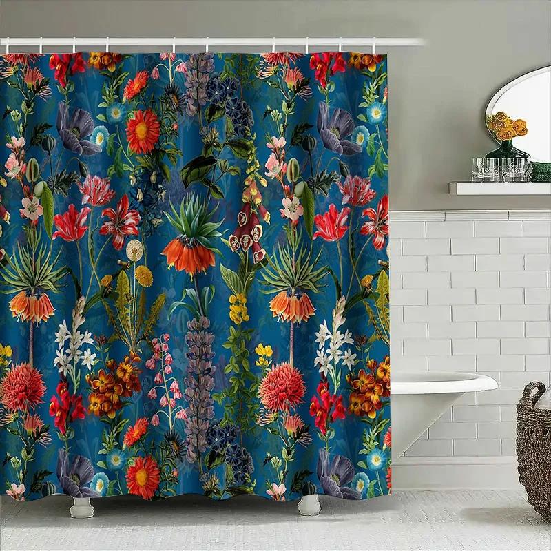 Floral Shower Curtain Botanical Nature Plants Bathroom Decor Waterproof Fabric Vintage Blue Green Backdrop Artistic Home Texti