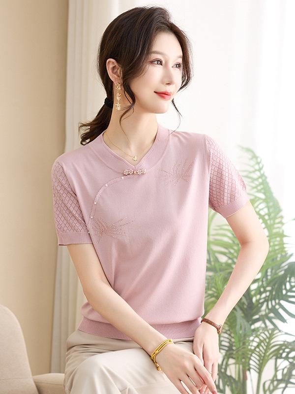 Fashionable Ice Silk Summer Top for Moms - 2026 New Style Short Sleeve Blouse for Mid-Aged Women