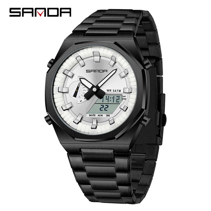 Sanda Men's Multifunctional Dual Display Watch with Countdown, Alarm, Daylight Saving, and Waterproof Features