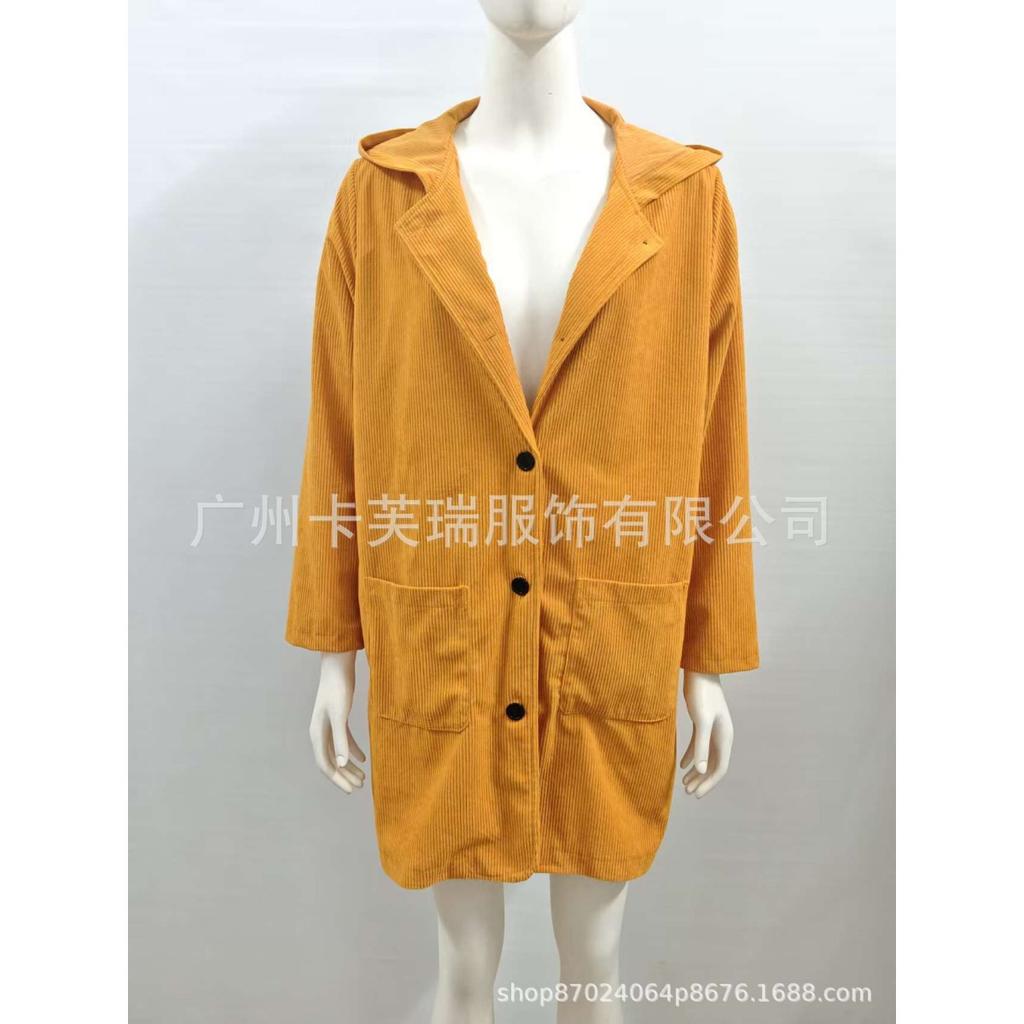 New Autumn Women's Loose Mid-length Corduroy Hooded Jacket, Casual Streetwear Outerwear for Crossborder