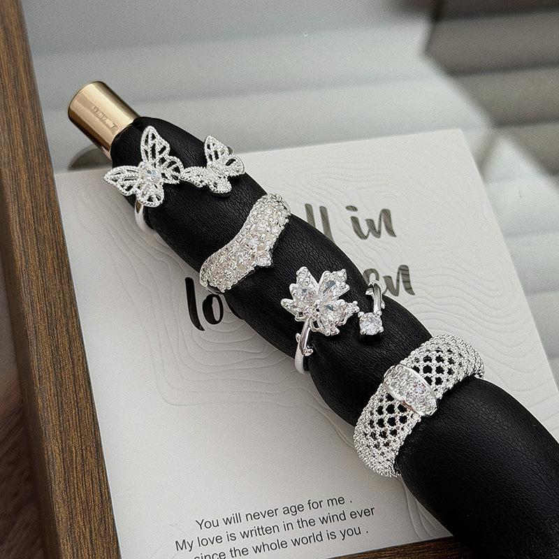 French Lace Super Flash Zircon Circle Open Ring Female Niche Light Luxury High Sense Fairy Stacked Ring