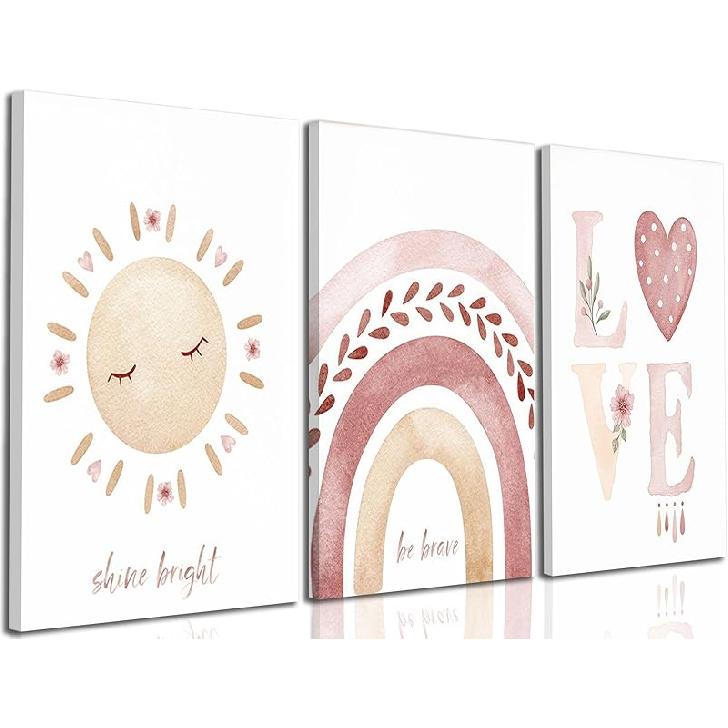 3 Pcs Nursery Canvas Wall Art Pink Sun Rainbow Hearts Posters Prints Boho Kids Room Pictures Wall Decor for Toddlers Children Baby Girl Bedroom Home