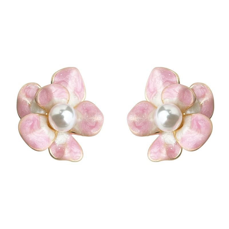 Elegant Pink Enamel Flower Earrings: Luxurious Gradient Drip Glaze Studs with Zirconia Detailing
