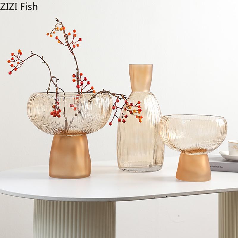 Gilded Transparent Glass Vase Wrinkled Texture Flower Pot Table Decoration Flowers Arrangement Floral Vases Room Aesthetic Decor
