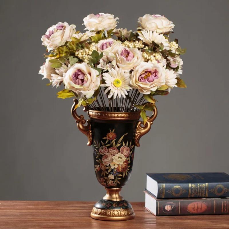 Vintage Ceramic Vase Handmade Nordic Pottery Rustic Tabletop Decotive Vase Creative Tall Footed Double Handle Vase Home Decor