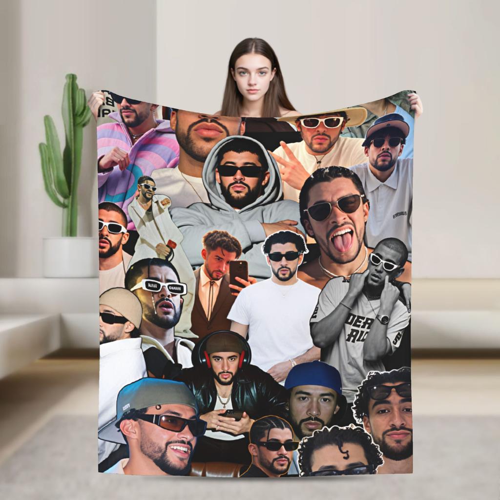 Bad Bunny Puerto Rican Rapper Portrait Blanket Warm Fashion Plush Throw Blanket For Child Bedroom Flannel Bedspread Bed Cover