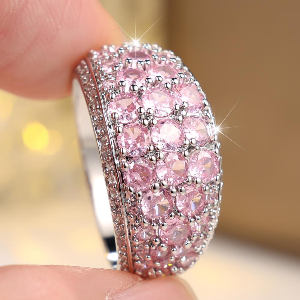 Luxurious Four Colors Available Pink Zircon Paved Wide Band Ring for Women Daily Wear and Party