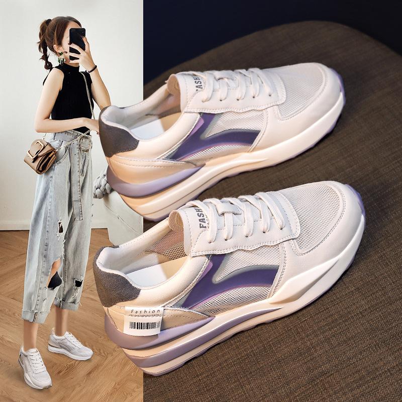 Genuine Leather Cortez Women's Summer New Thick Bottom Height Increasing Insole Breathable Mesh Casual Sports Dad Shoes