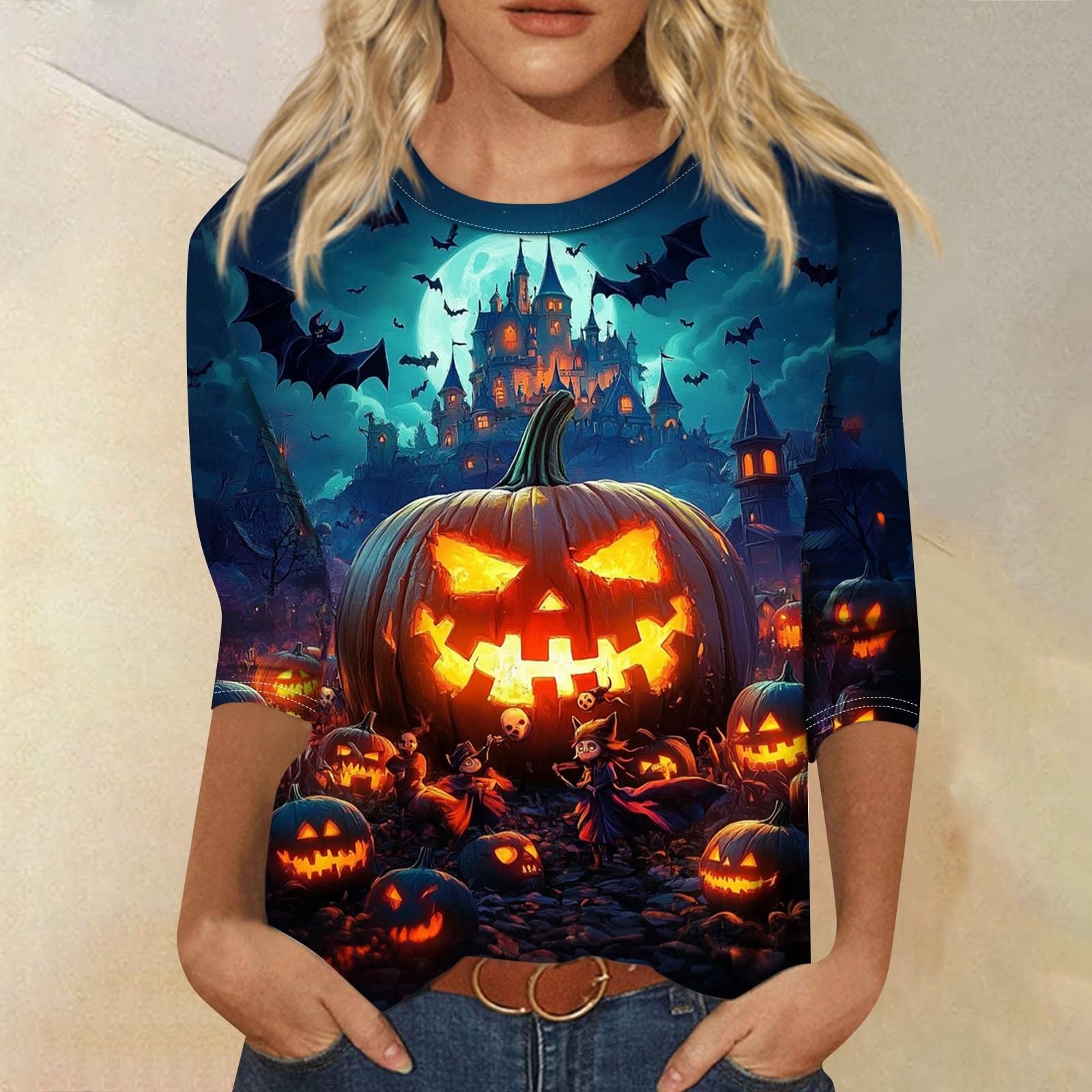 

Женская модная повседневная футболка с рукавом три четверти и принтом на Хэллоуин, с круглым вырезом XXXL