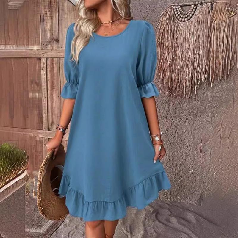 Frühling Sommer Retro Rundhals Kurzarm Damenkleid Mode Elegnt Einfarbig Locker A-Linie Partykleider Lässig Schlicht Rüschen Bürokleidung