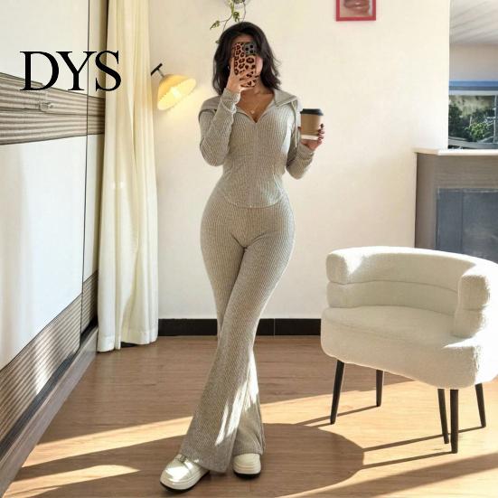 Women Lounge Wear Set Women's 2 Piece Sweatsuits Zip Up Hoodies And Bell Tracksuit Bottom Pants Ribbed Knit Outfits Sexy Bodycon Workout Tracksuits