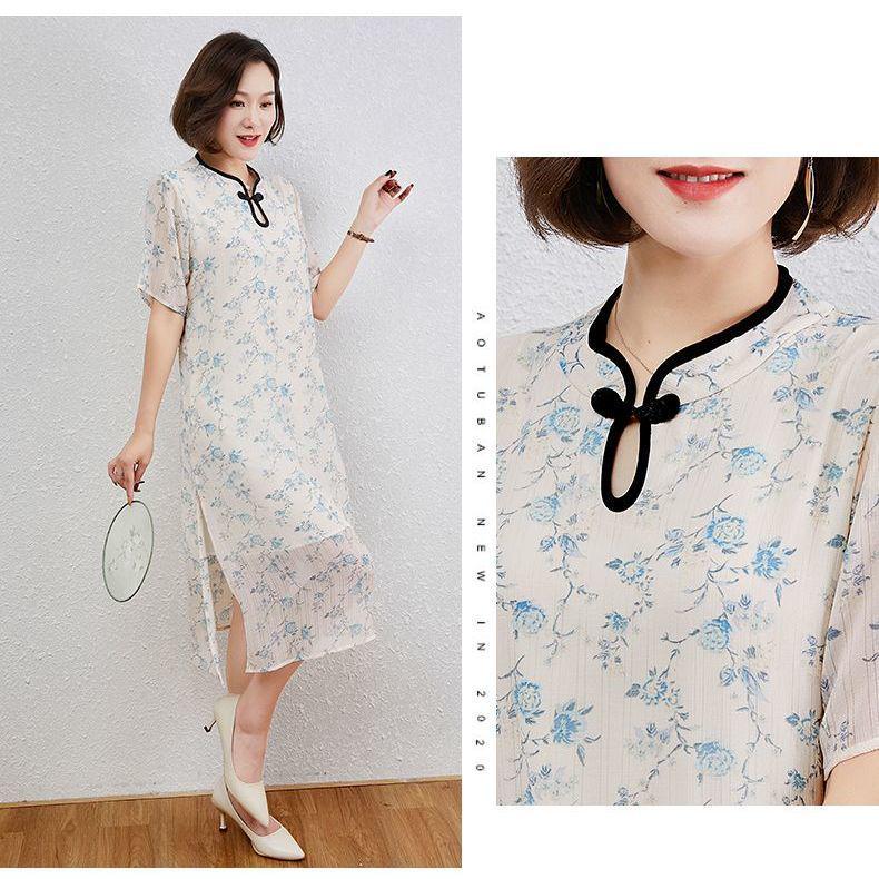 Plus Size Wide Style Cheongsam Mid-Length Dress for Middle-Aged and Elderly Mothers (Fits Up to 200 Jin)