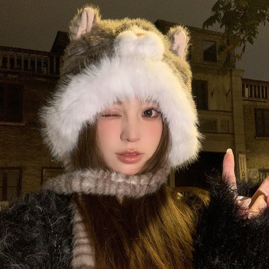 Winter Warm Soft Cute Garfield Milk Whirring Plush Hat Women Cold Show Face Small Ear Protection Tide