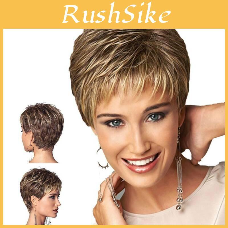 Stylish Ladies Curly Brown And Golden Short Wavy Wig With Natural Bangs For Fashion