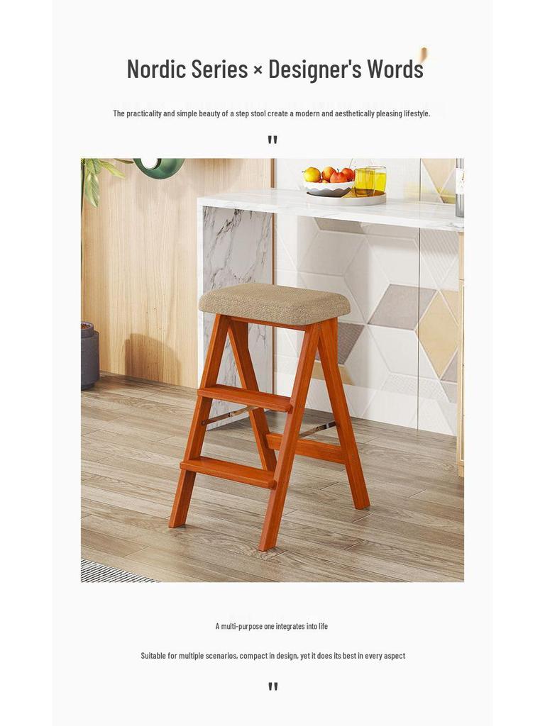 Three-Step Solid Wood Folding Ladder Stool: Multifunctional for Kitchen and Bar Use