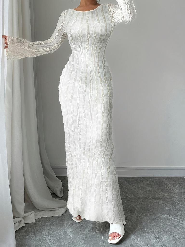 2025 Fashion Lace Patchwork Round Neck Bodycon Dress - Summer/Autumn Long Sleeve Design for Women