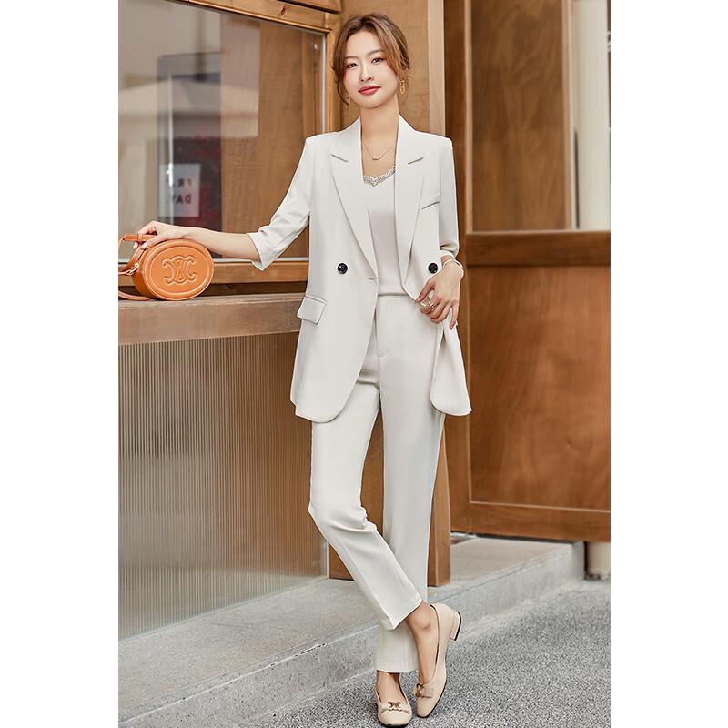 Damski biały zestaw garniturowy z rękawem 3/4