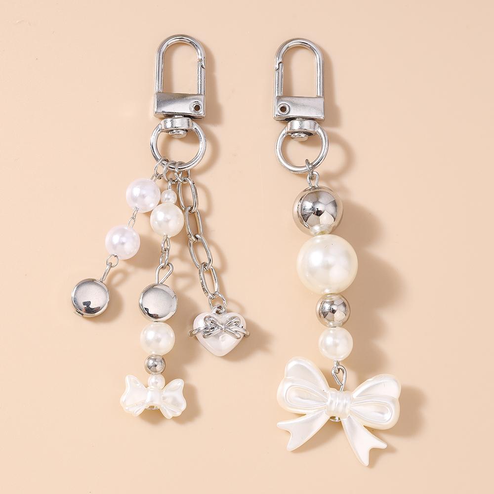 Cute Bowknot Keychain Women Girls Pearl Beaded Key Ring Pendants for Handbag Decor DIY Handmade Key Chain Gifts