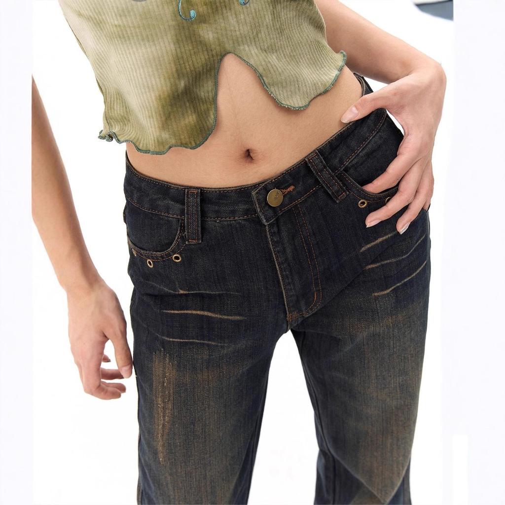 Women's Vintage Distressed Low Waist Slim Fit Micro Flare Jeans - 2025 Autumn Collection