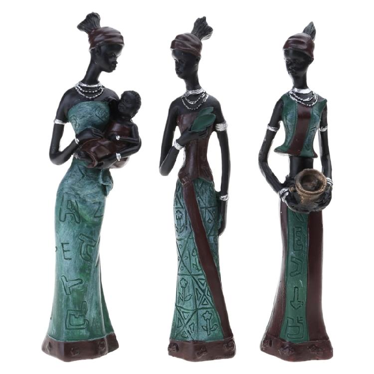 Набор из 3 статуэток африканской женщины, фигурка, скульптура племенной женщины, винтажный декор зелёный