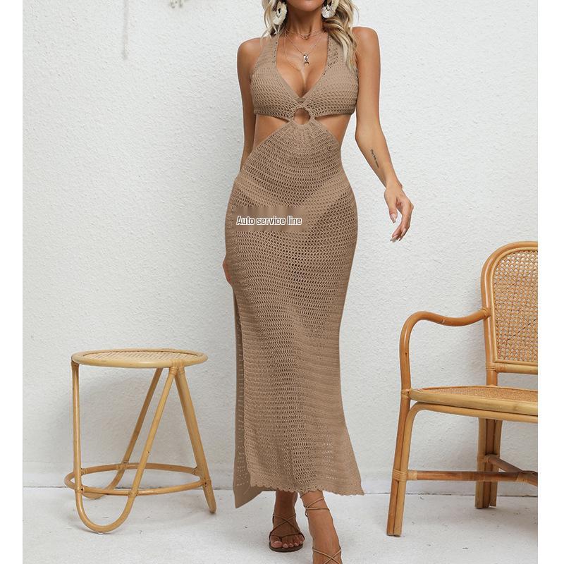 

European & American Casual Sexy Slim Fit Halter Tie Dress with Cutout Waist, Round Ring, Deep V, and Sheer Sun Protection. One Size хакі