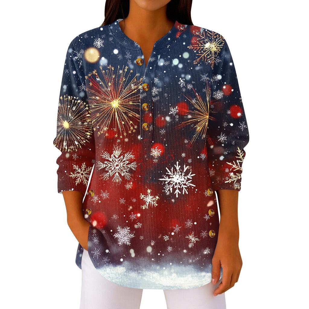 Women's Fashionable Button Collar Long-sleeved Christmas Print Pullover Top