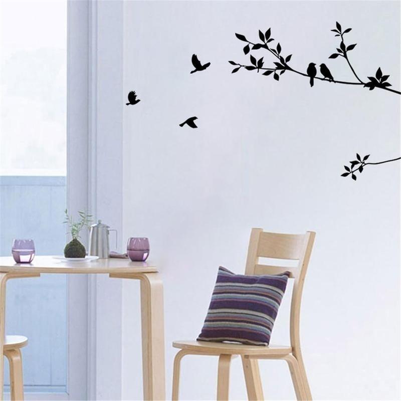 60*24cm Birds Tree Branch Leaves DIY Art Wall Stickers Removable Vinyl Living Room Decal (Color: Black)