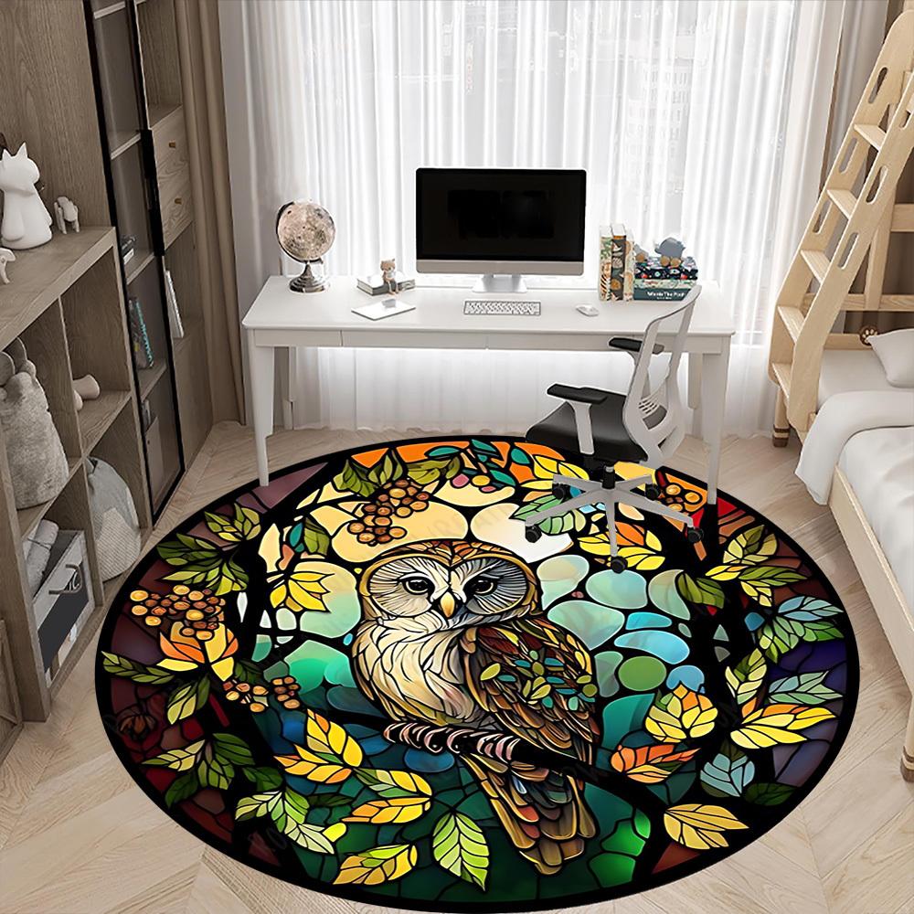 1pc Stained Glass Owl Chair Carpet for Office, Round Polyester Mat, Indoor Decor for Office, Easycare Fabric, Washable Non-slip Area Carpet