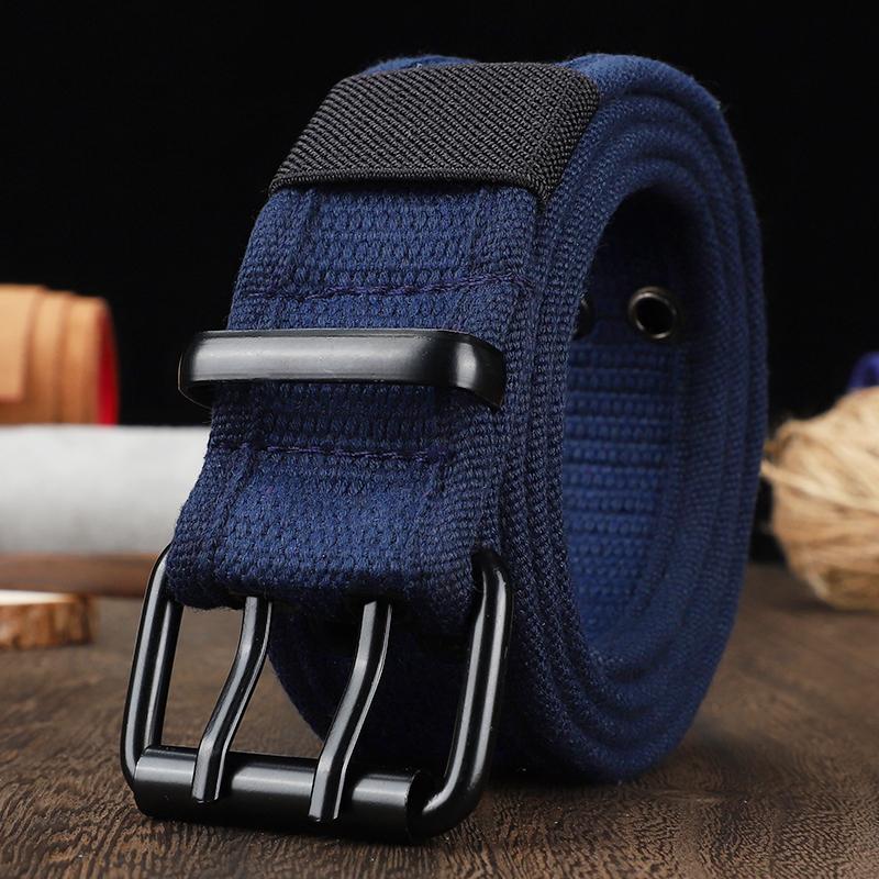 

Men s and women s double button canvas waistband, work style, full hole needle buckle belt, sturdy and durable jeans for student 130cm