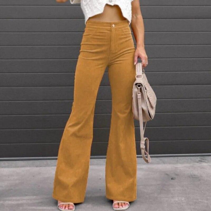 2023 jesienne sztruksowe luźne jednokolorowe spodnie typu casual damskie zimowe spodnie z wysokim stanem damskie spodnie rozkloszowane Streetwear Pantalon 29547