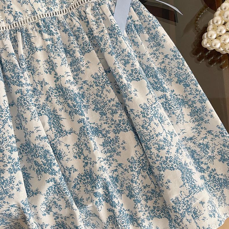 Girls' Blue & White Floral Sleeveless Bowknot Dress