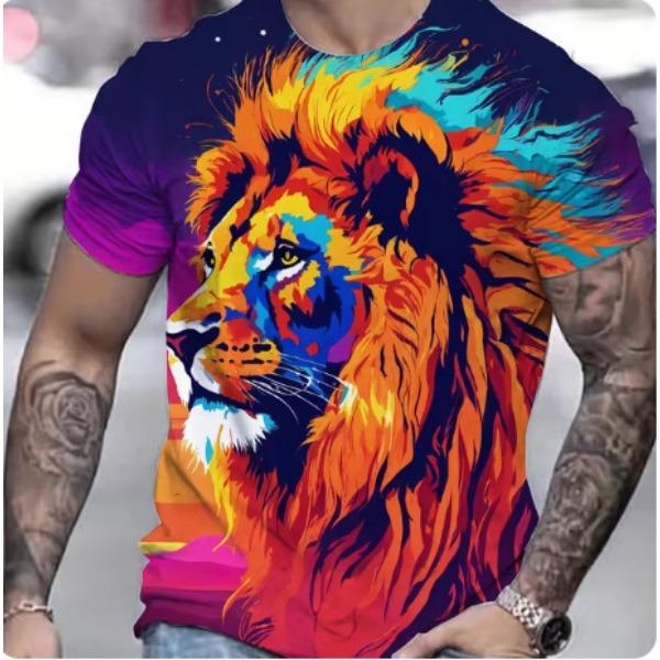 Summer Casual Men's Clothing Oversized Loose Lion Pattern Printed Short Sleeved Round Neck Fitness T-shirts