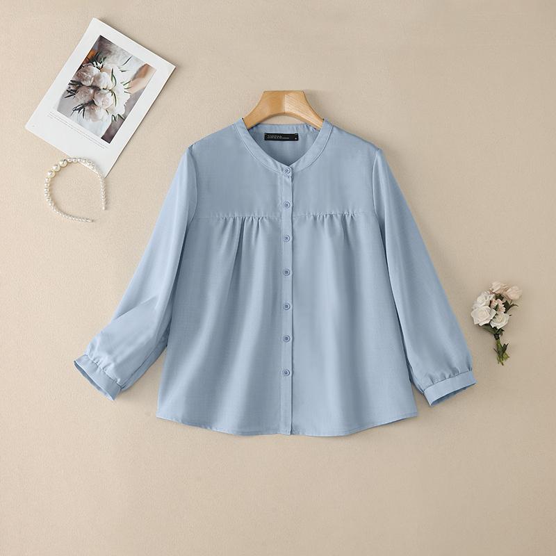 ZANZEA Women Casual Round Neck Solid Color Loose Long Sleeve Blouse