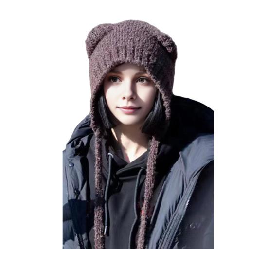 Winter Cute Bear Ears Knit Hat for Women Fuzzy Slouchy Crochet Hat Soft Plush Warm Hat with Ear Flap