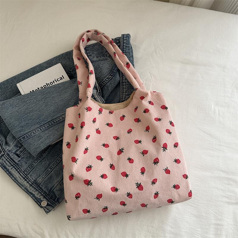 Tasche Damen 2025 Neu Große Kapazität Cord Tragetasche Niedliche Erdbeer Schultertasche Studententasche