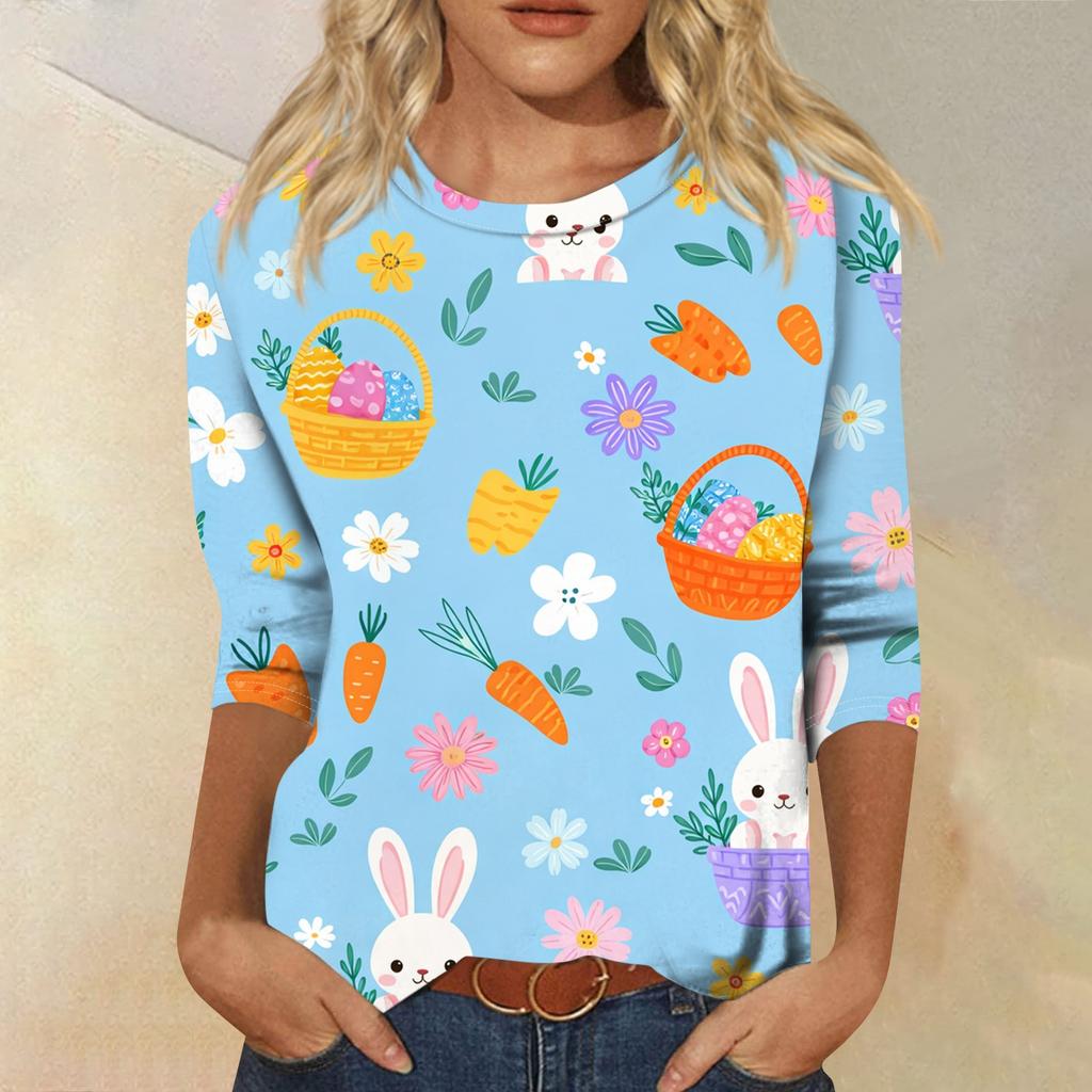 Women's Fashion Casual Sleeve Easter Elements Print Round Neck Top
