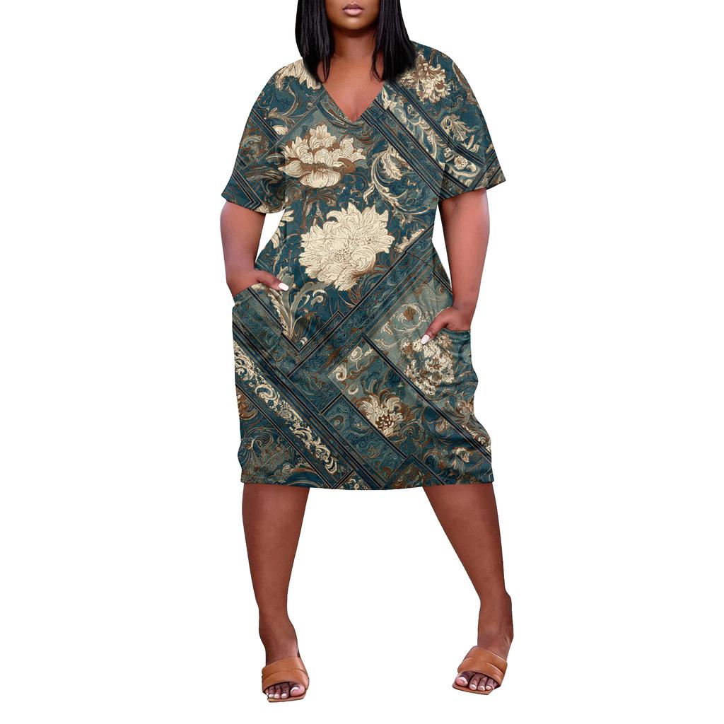 Letní nadměrné velikosti V výstřih krátký rukáv ke kolenům kapsa potisk ležérní šaty pro ženy