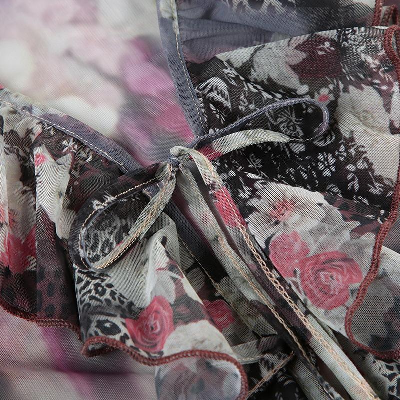 Printed Lotus Leaf Edge Lace-up Mesh Top Retro Light and Thin Niche Slim-fitting Horn Long Sleeve