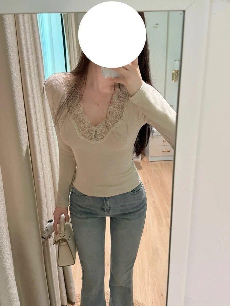Women's Autumn Lace Trim V-Neck Long Sleeve Slim Fit T-Shirt