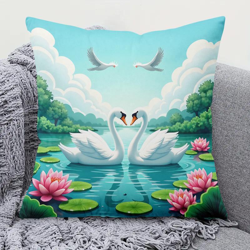 pc D Flat (Pillow Not Included) Romantic Swans Lotus Pond Love Cushion Cover Short Plush Wedding Decor Throw Pillow Case