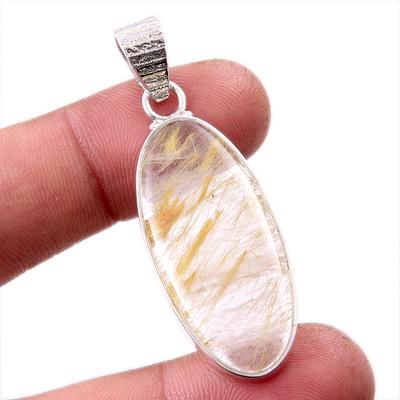 Natural Golden Rutile Gemstone 925 Solid Sterling Silver Jewelry Pendant 2" k5U68