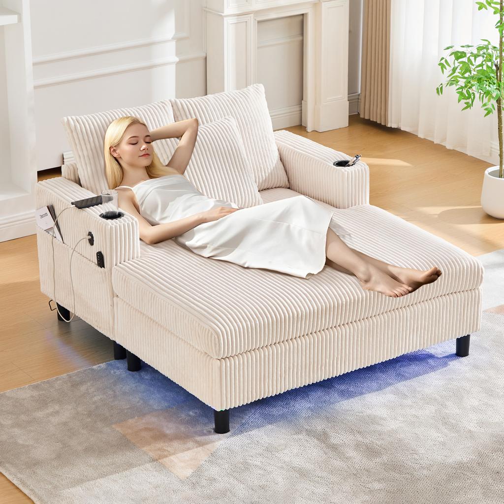 Spacious Chaise Longue Recliner with Side Drink Holders, USB Ports, Integrated LED Ambient Lighting – Perfect for Living Room, Bedroom or Conservatory