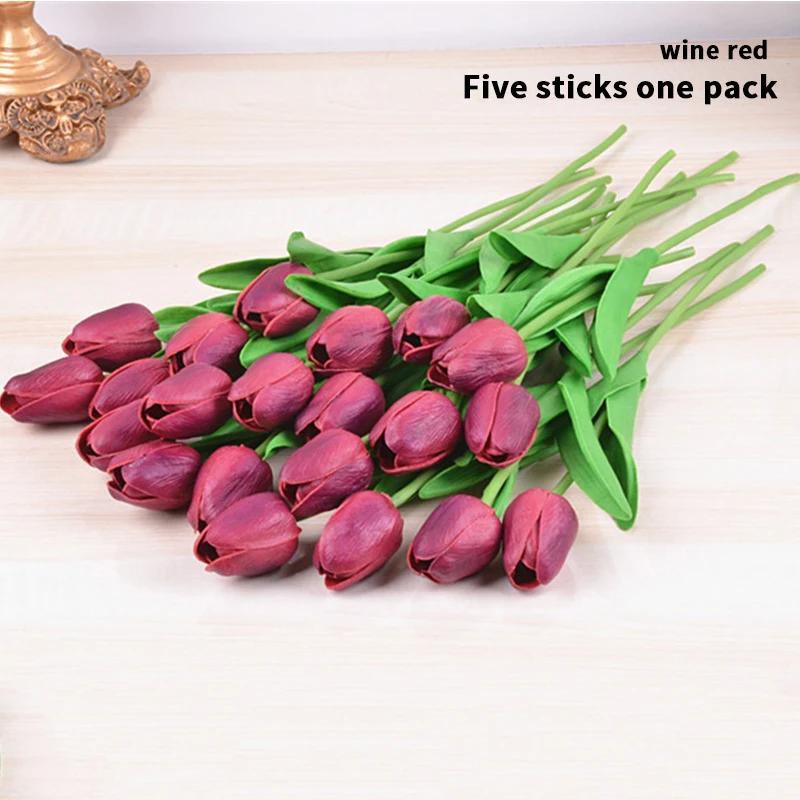 

PU Tulip Artificial Flower, Simulation Bouquet, Real Touch, Mini, Christmas, Family, Garden, Wedding Decoration 10pcs бордовий