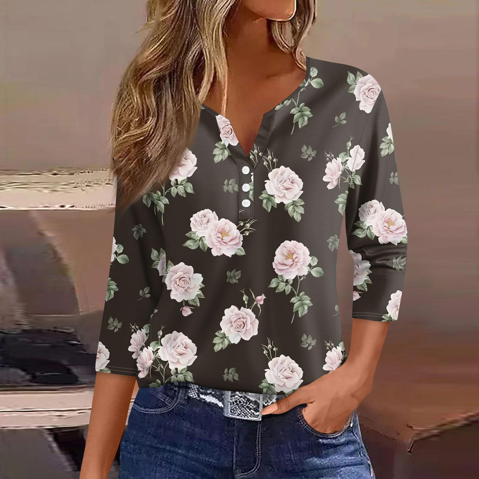 

Жен. Футболка Футболка С принтом Пуговицы Рукав 3/4 Повседневные Выходные Мода Классический Классический V-образный вырез Обычный Верх XXXL