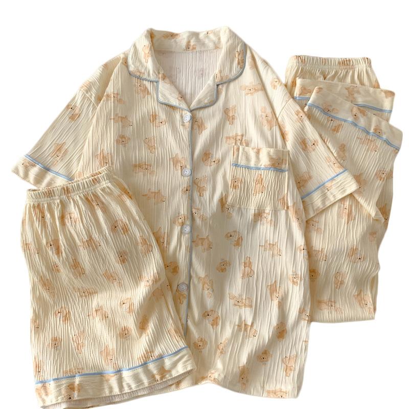 Keks Cartoon Pyjama Damen Sommer Knitterstoff Kurzarm Niedlicher Welpe Loungewear Dreiteiliges Set