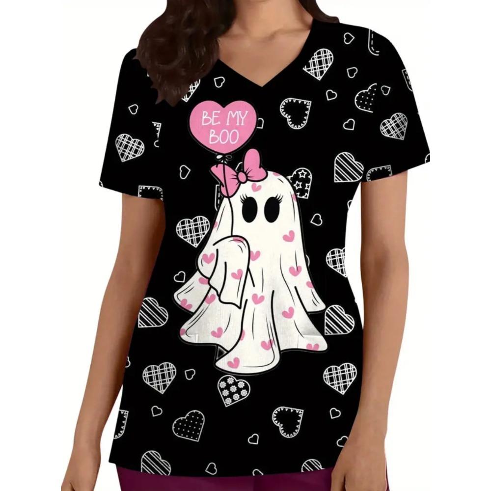 

Halloween Surgical Uniforms Woman Cute Print with Hearts Bats Print V Neck Short Sleeve with Pockets Scrubs Uniform Woman Tops S