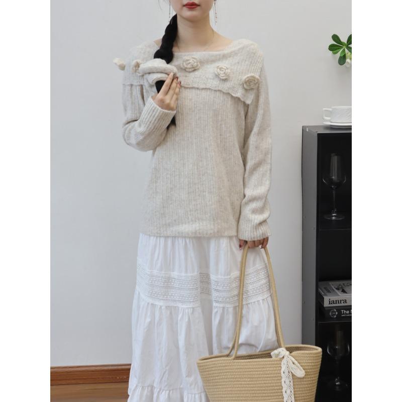 Autumn and winter new three-dimensional flower shoulder knitted sweater top temperament soft waxy sweater pullover woman