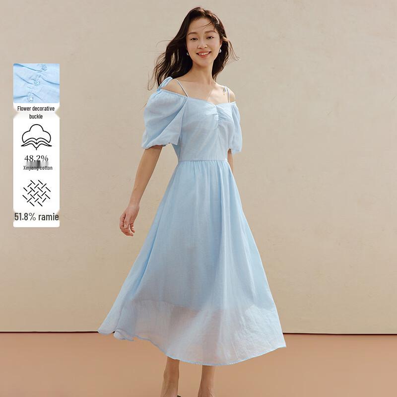 INMAN French Tie-Waist Puff Sleeve Ramie Cotton Dress S