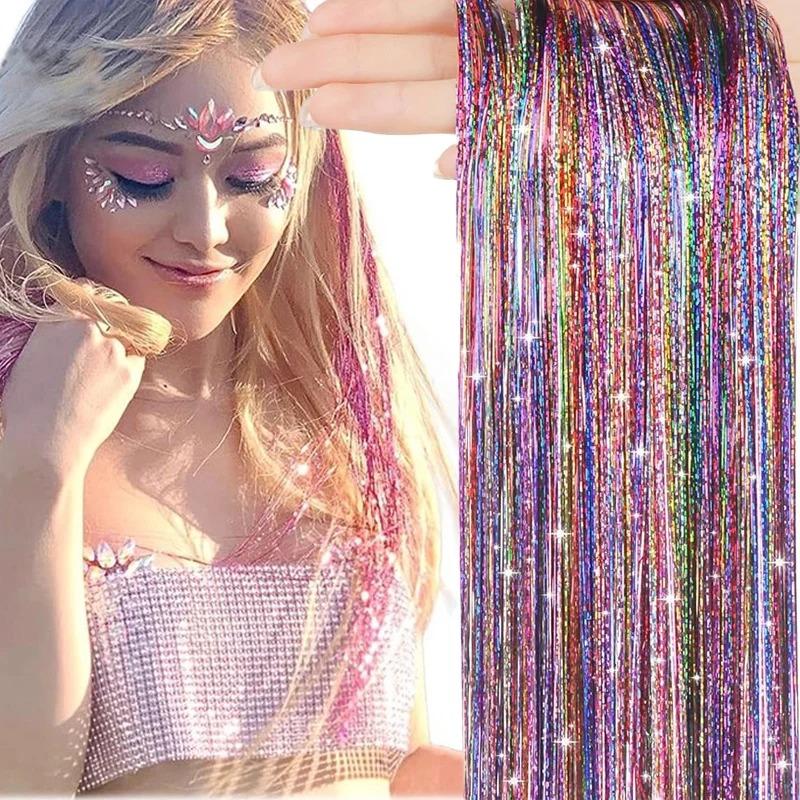 12pcs Colorful Shiny Synthetic Sparkling Tinsel Hair Extensions for Women Braiding Tools BB Clip Wig Concert Hair Accessories
