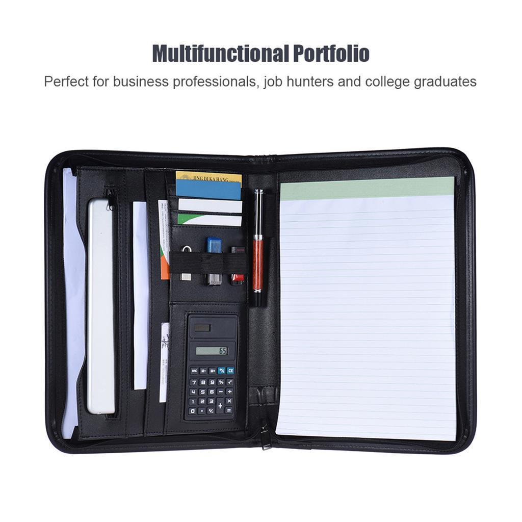 A4 PU Leather Multifunctional Professional Business Zippered Portfolio Padfolio Folder Document Case Organizer with Calculator